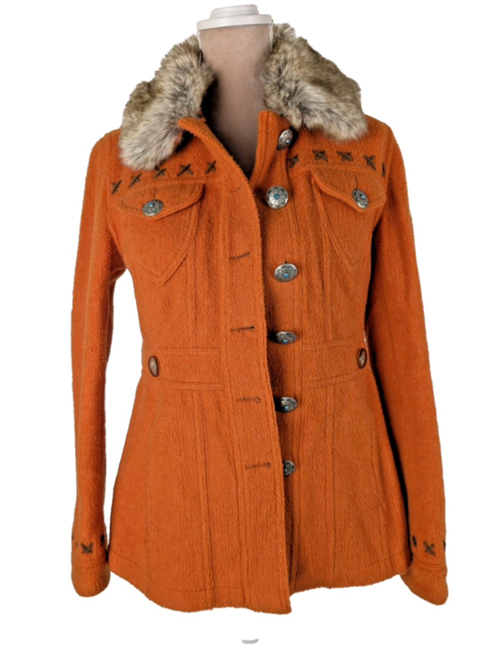 Tasha Polizzi Orange Faux Fur Jacket Coat Size S Western Cowgirl Southwestern